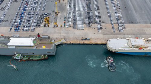 High angle view of boats in sea
