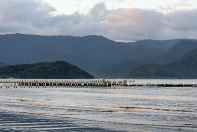 Scenic view of lake and mountains against sky