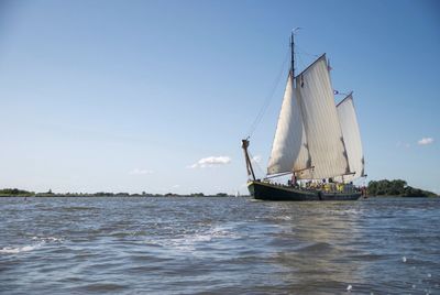 Sailboat sailing on sea against sky