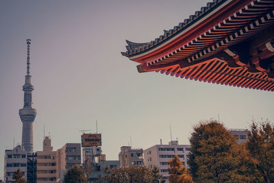 Low angle view of buildings against clear sky during sunset