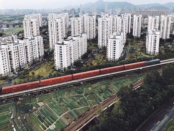 High angle view of train in city