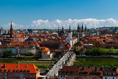 High angle view of townscape würzburg and the historic bridge, alte mainbrücke