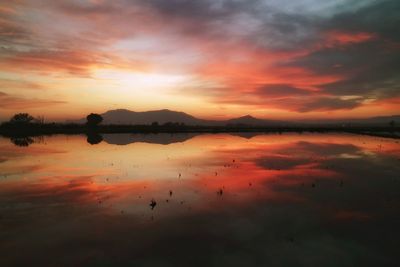 Scenic view of lake against sky during sunset