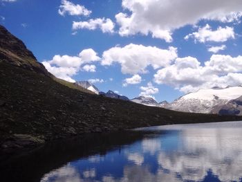 Scenic view of lake against cloudy sky