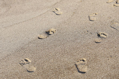 High angle view of footprints on sand