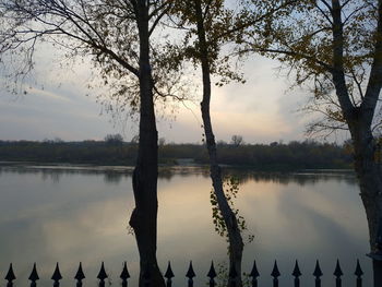 Silhouette trees by lake against sky during sunset