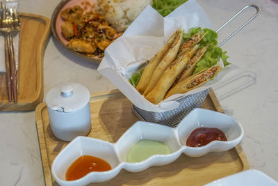 High angle view of food served on table