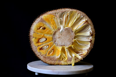 Close-up of lemon slice against black background