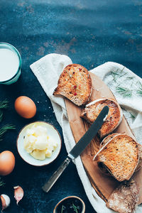 High angle view of breakfast on table