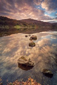 Scenic view of calm lake and mountain against cloudy sky