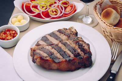 High angle view of food in plate on table