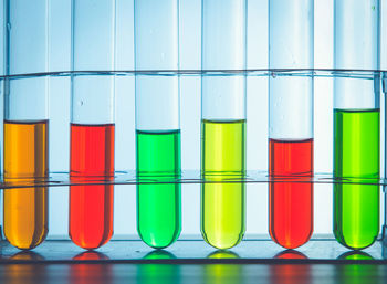 Close-up of multi colored liquid in test tubes