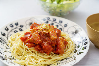 Close-up of pasta in plate on table