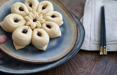 High angle view of dessert in plate on table