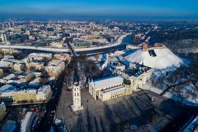 High angle view of buildings in city against sky