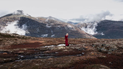 Rear view of man standing on rock against sky