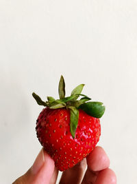 Close-up of hand holding strawberry over white background