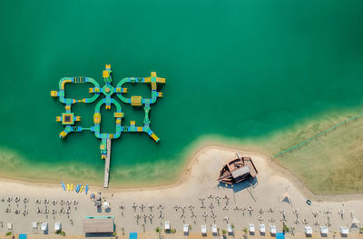 High angle view of ship on beach against sky