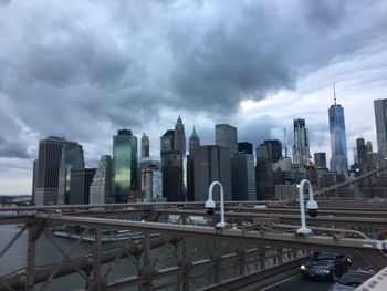 View of skyscrapers in city against cloudy sky