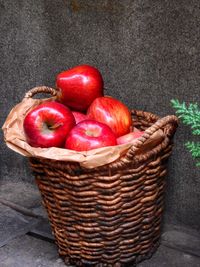 High angle view of strawberries in basket