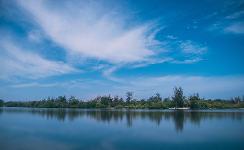 Scenic view of lake against blue sky