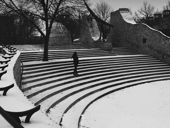 Rear view of man walking on steps