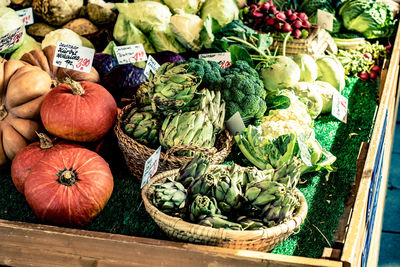 High angle view of vegetables for sale in market