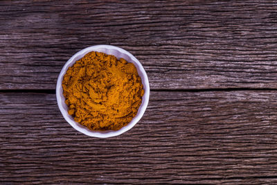 High angle view of soup in bowl on table