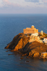 Morning view of psara village and agios nikolaos church.