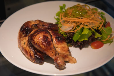 High angle view of meal served on table