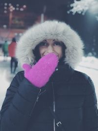 Portrait of woman wearing hat during winter