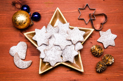 High angle view of christmas decorations on tree