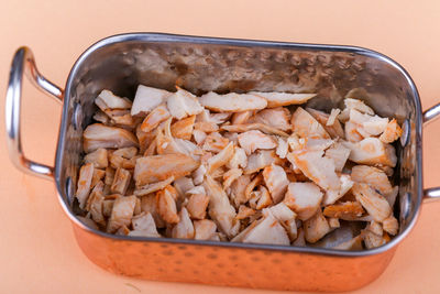 High angle view of meat in container