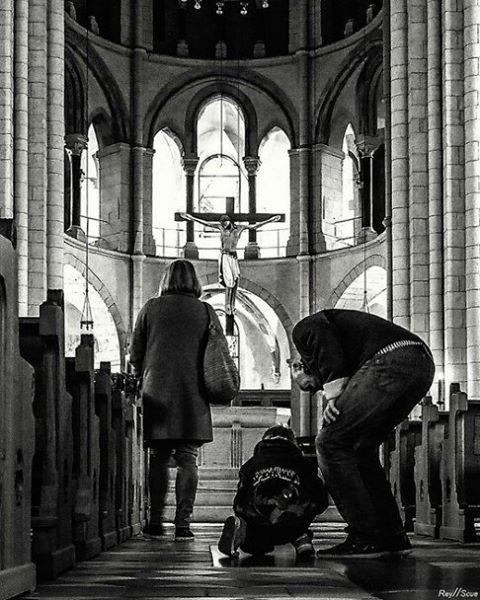 indoors, lifestyles, arch, men, architecture, rear view, built structure, person, leisure activity, standing, religion, place of worship, full length, church, spirituality, sitting