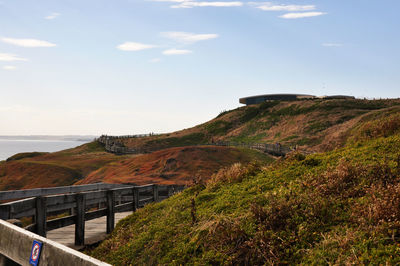 Scenic view of mountain by sea against sky