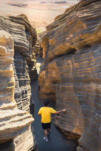 Rear view of person standing on rock