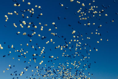 Low angle view of balloons flying against blue sky