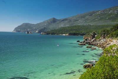 Scenic view of sea against clear blue sky