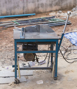 High angle view of messy table and chairs