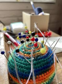 Close-up of painting on table