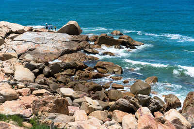 High angle view of rocks on shore