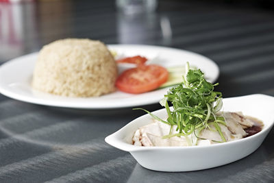 Close-up of chicken meat and rice