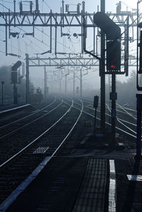 Railroad tracks in city against sky