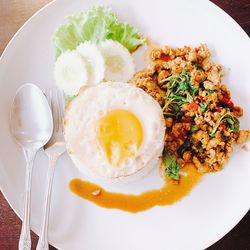 High angle view of breakfast served on table