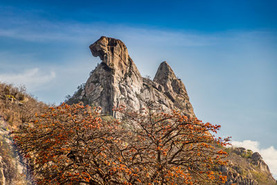 Low angle view of rock formation against sky