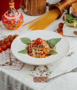 High angle view of food in plate on table