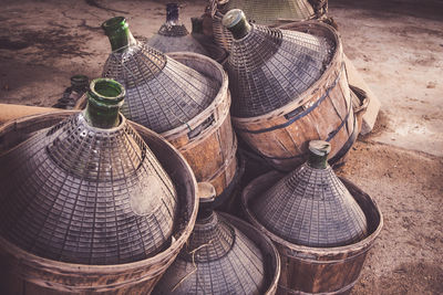 High angle view of firewood in basket