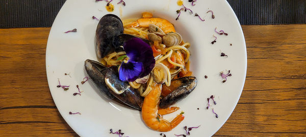 High angle view of food in plate on table