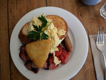 High angle view of food in plate on table