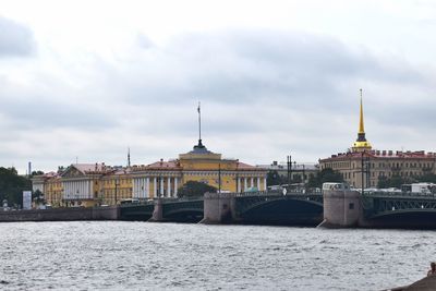 View of buildings by river against cloudy sky